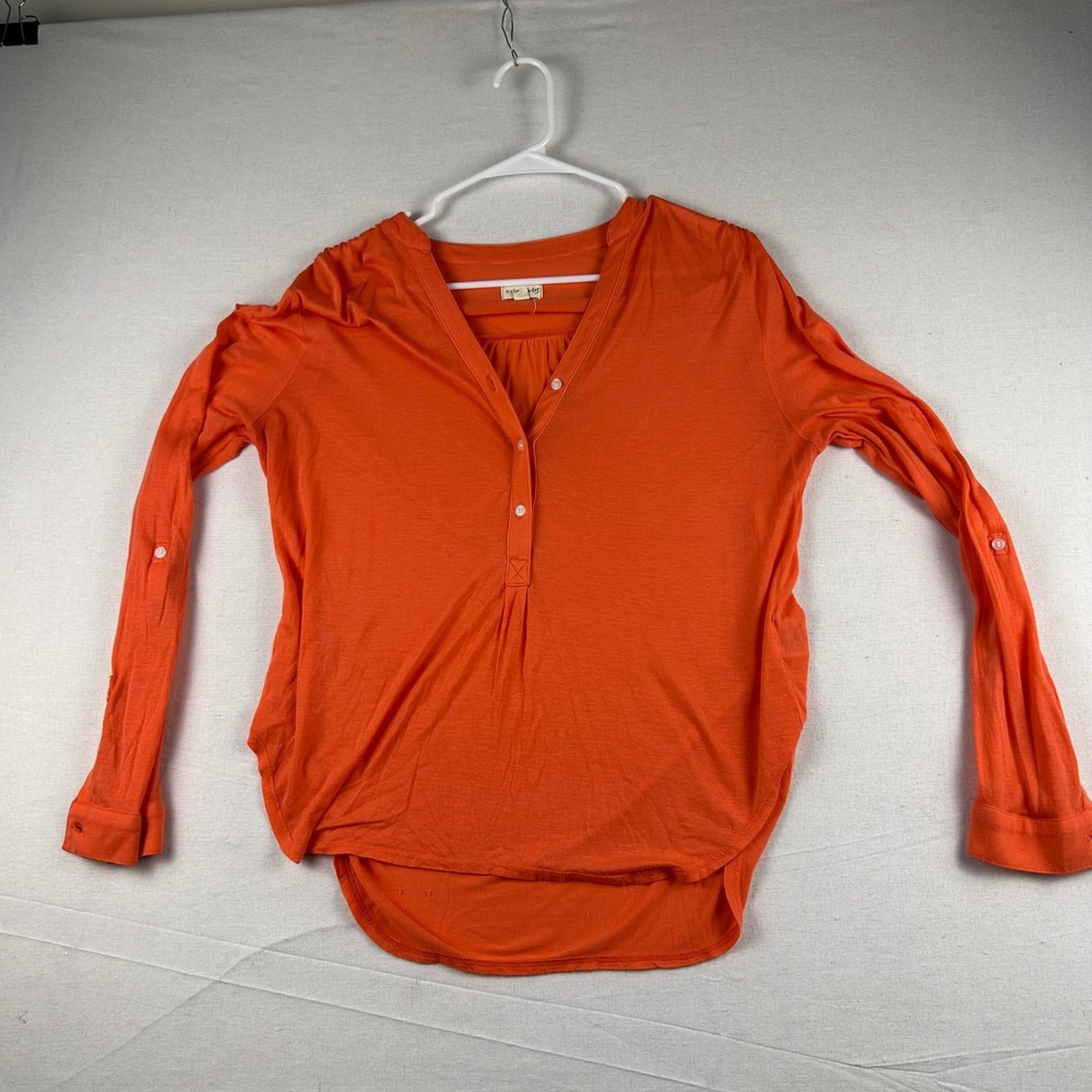 Maison Jules Orange Long Sleeve Henley Knit Top Roll Tab Hem Womens Large